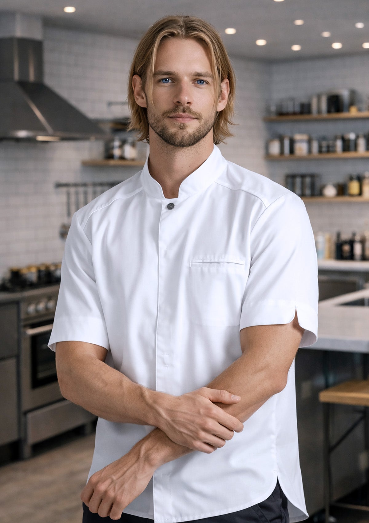 Men's Chef Shirt In Fine Quality Slim-Fit Short Sleeves