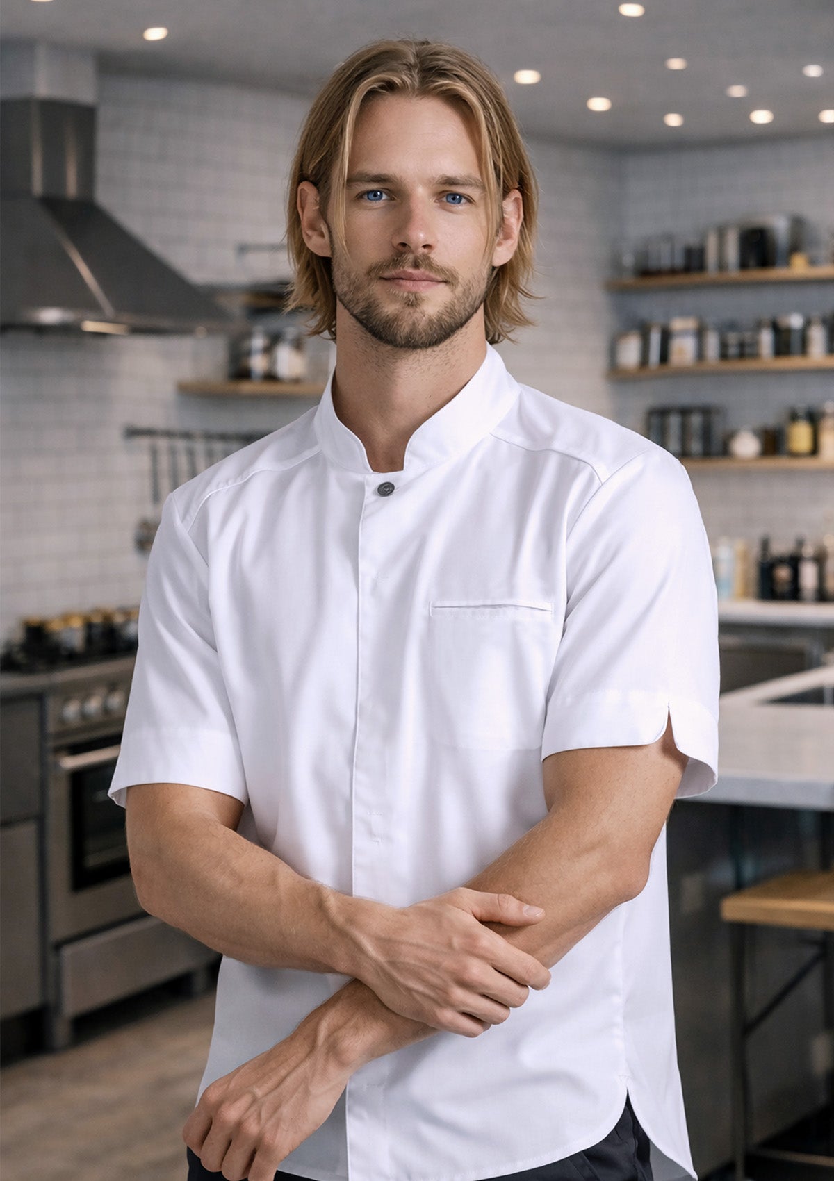 Men's Chef Shirt In Fine Quality Slim-Fit Short Sleeves